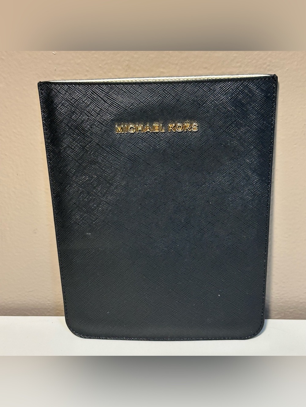 Michael Kors Black Gold Leather Mini iPad  E-reader Sleeve Pouch Case 8”x6”